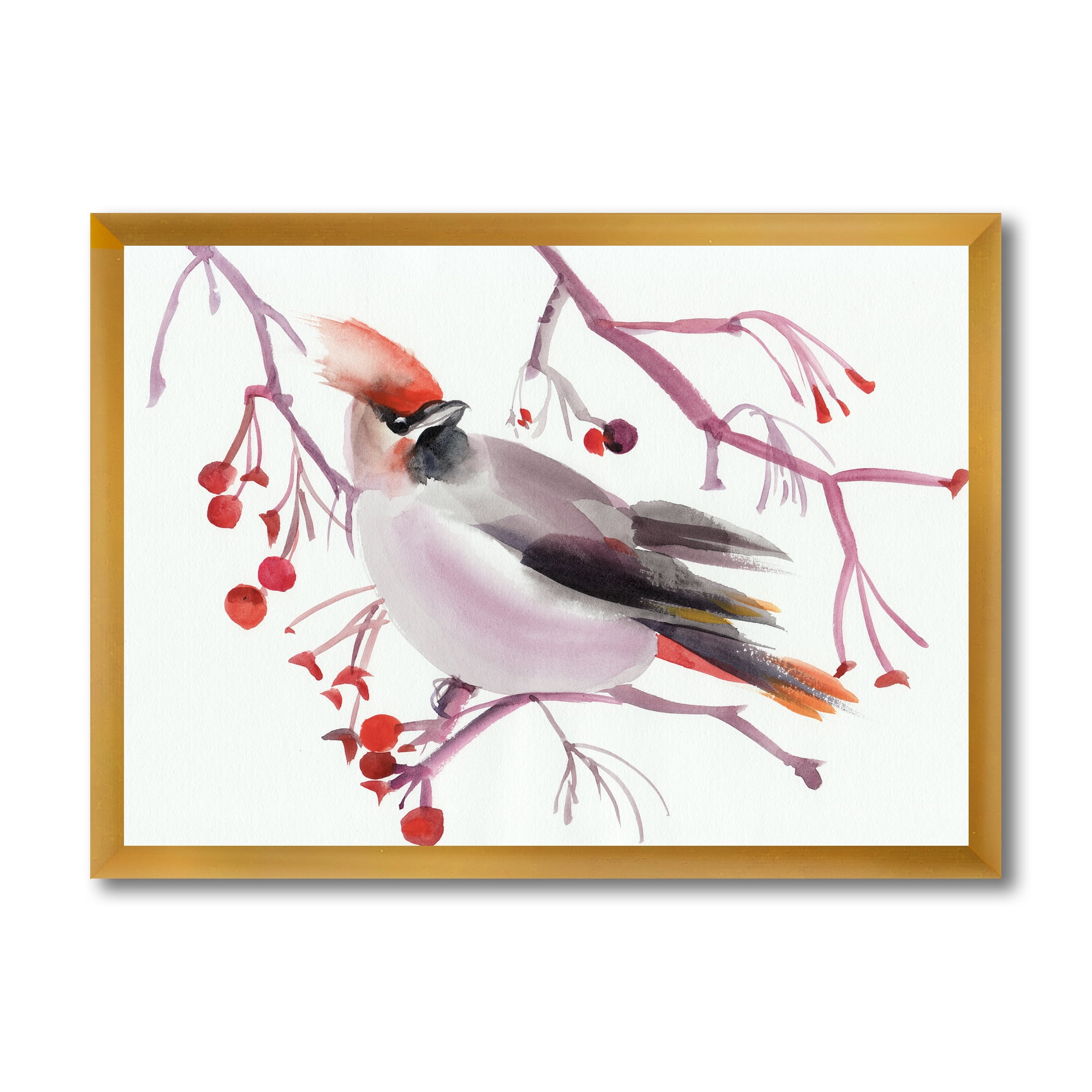 Designart 'Waxwing Bird Sitting On A Branch' Traditional Framed Art Print