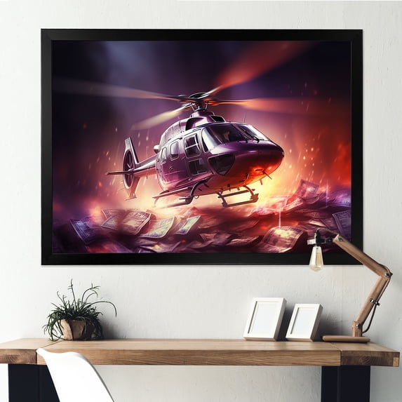 Designart "Wealthy Skyline Helicopter Above Wealth" Transportation Framed Wall Art Decor - Modern Pink Helicopter Living Room Framed Canvas Art