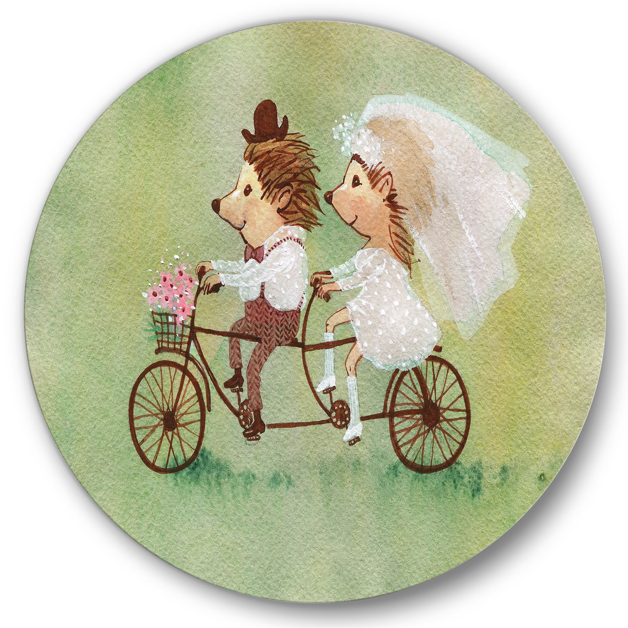 Designart 'Wedding Couple of Hedgehogs Riding A Bike' Traditional Circle Metal Wall Art 29x29 - Disc of 29
