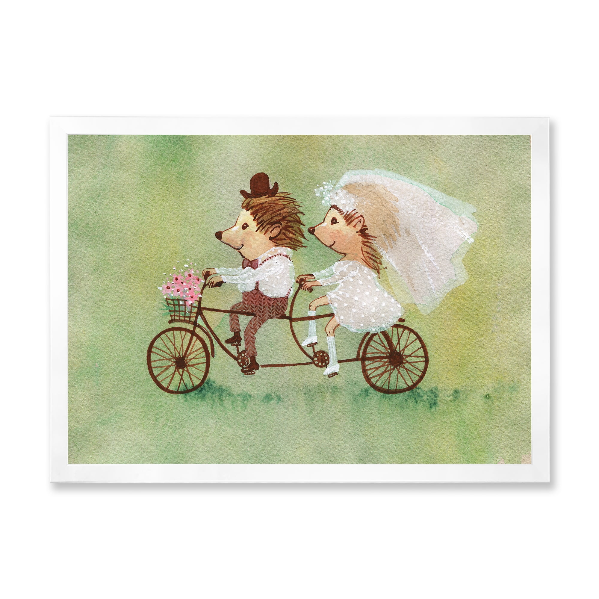 Designart 'Wedding Couple of Hedgehogs Riding A Bike' Traditional Framed Art Print