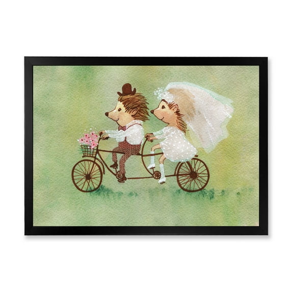 Designart 'Wedding Couple of Hedgehogs Riding A Bike' Traditional Framed Art Print