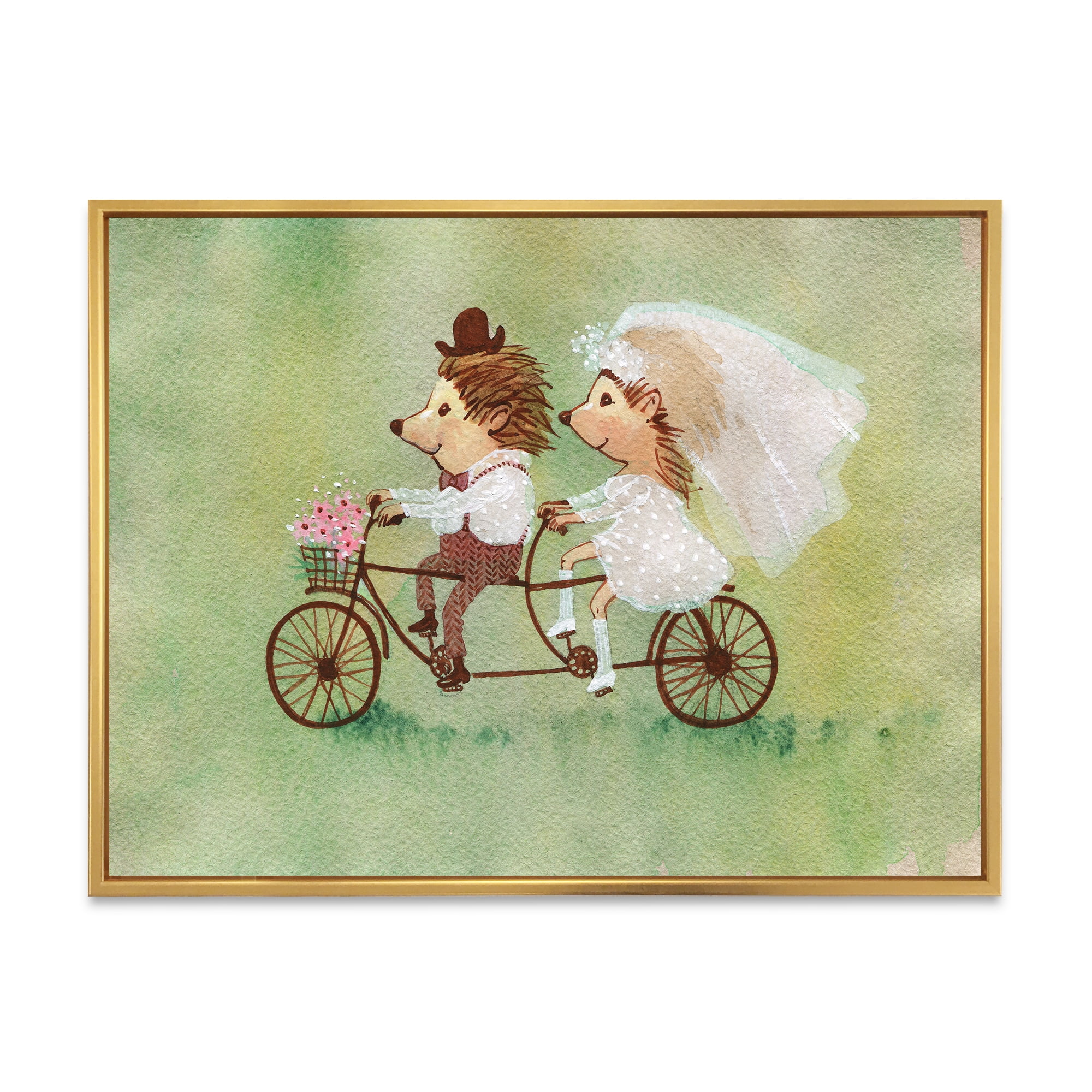 Designart 'Wedding Couple of Hedgehogs Riding A Bike' Traditional Framed Canvas Wall Art Print