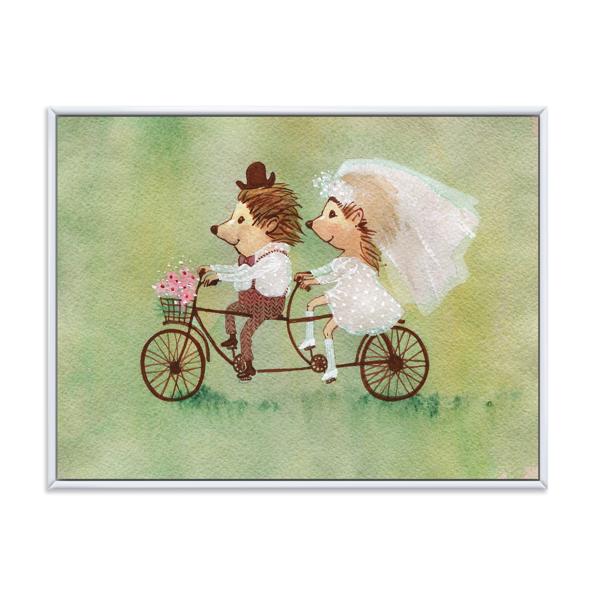 Designart 'Wedding Couple of Hedgehogs Riding A Bike' Traditional Framed Canvas Wall Art Print