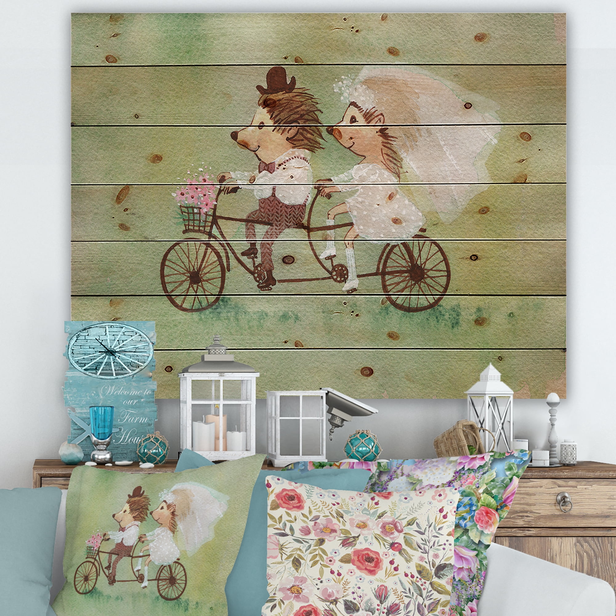 Designart 'Wedding Couple of Hedgehogs Riding A Bike' Traditional Print on Natural Pine Wood