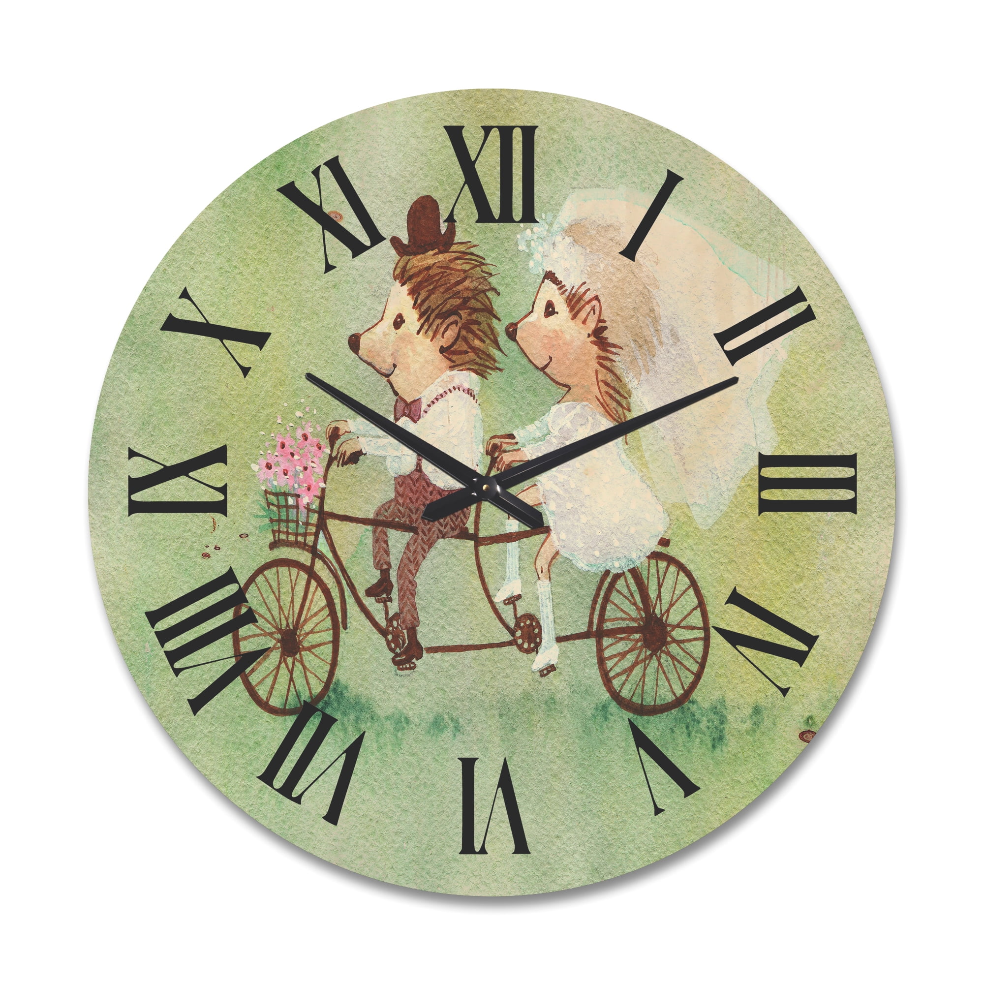 Designart 'Wedding Couple of Hedgehogs Riding A Bike' Traditional Wood Wall Clock