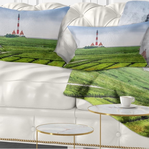 Designart Westerheversand Lighthouse Panorama - Landscape Printed Throw Pillow - 12x20
