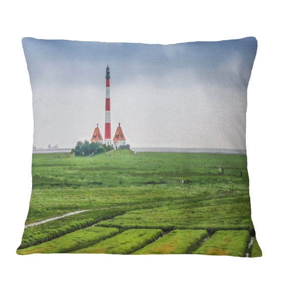 Designart Westerheversand Lighthouse Panorama - Landscape Printed Throw Pillow - 16x16