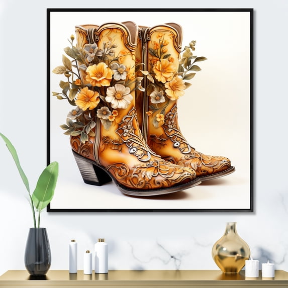 Designart "Western Blossoms in Yellow and Gold" People Framed Wall Art - International Gold Cowboys Entryway Framed Wall Art