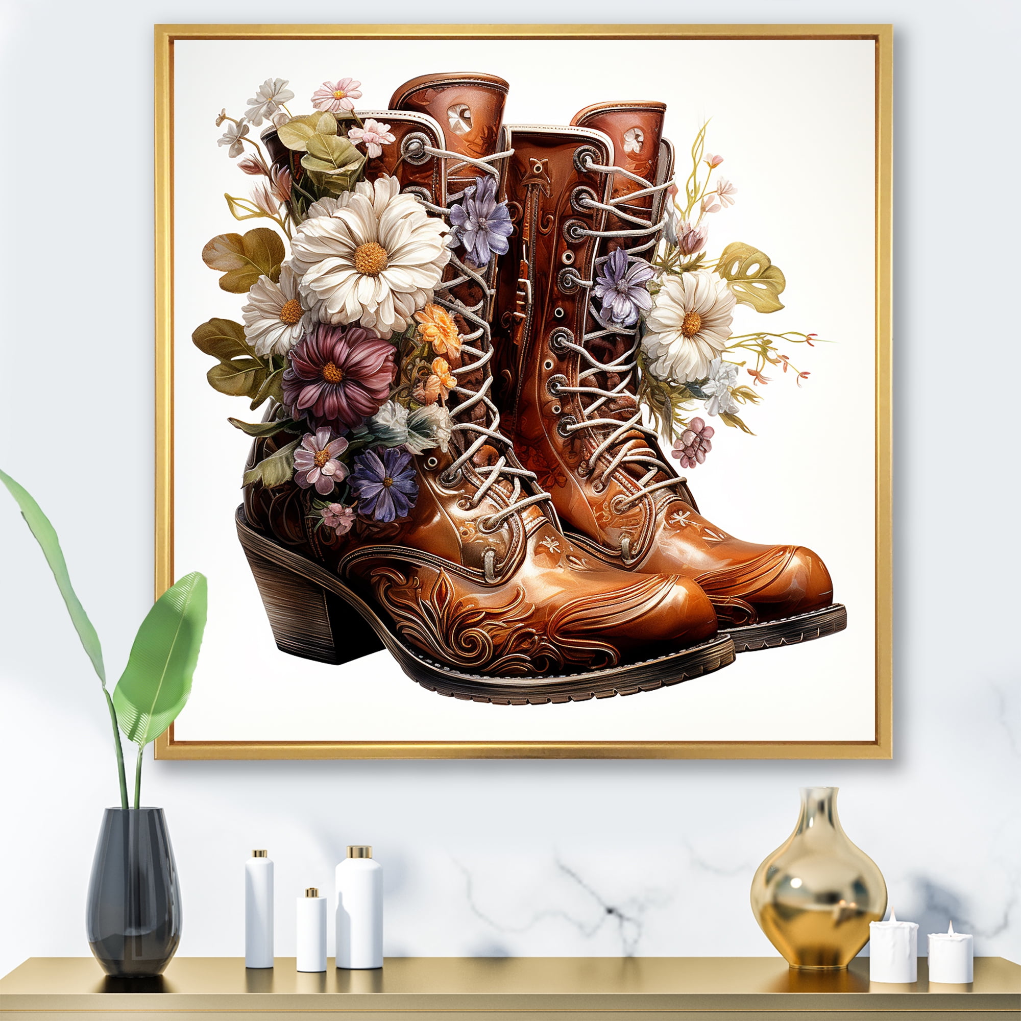 Designart "Western Boot with Brown Flower Blossoms II" People Framed