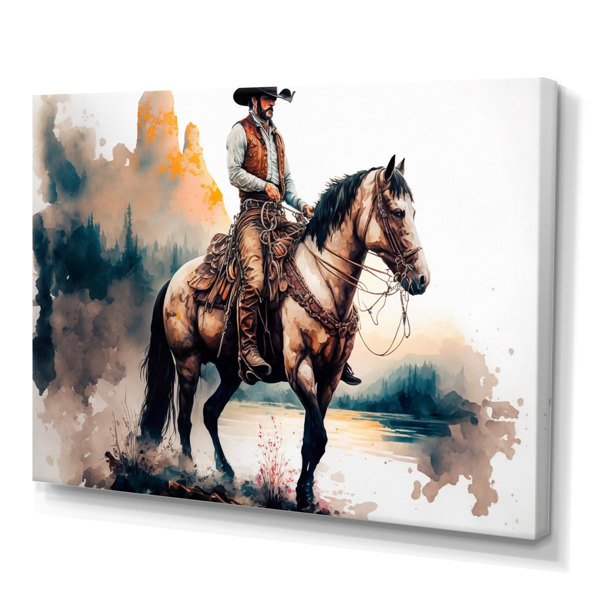 Designart Western Cowboy Riding A Horse I Canvas Wall Art