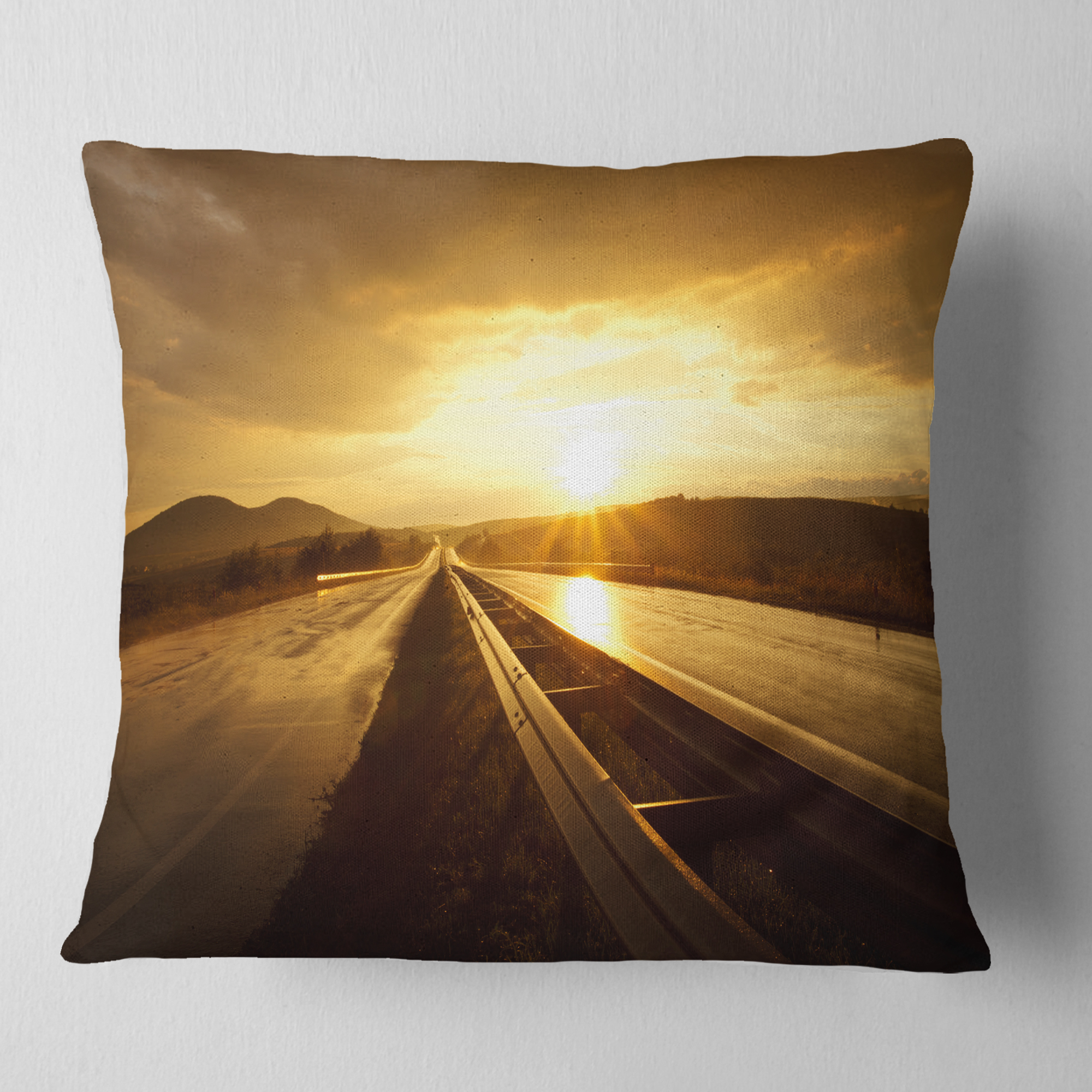 Designart Wet After Rain Road at Sunset - Landscape Printed Throw Pillow - 18x18