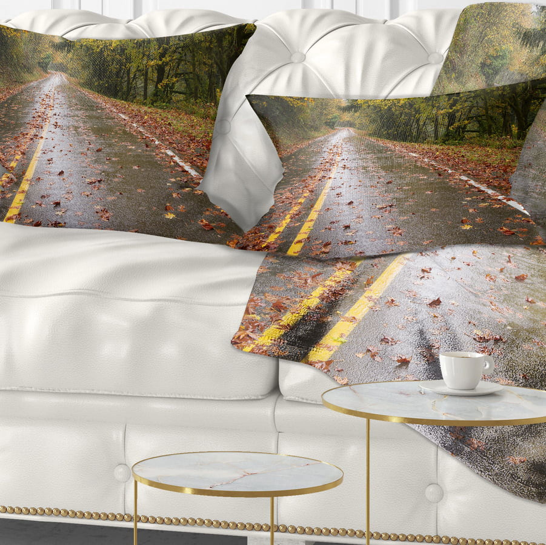 Designart Wet Rainy Road in Forest - Landscape Photo Throw Pillow - 12x20