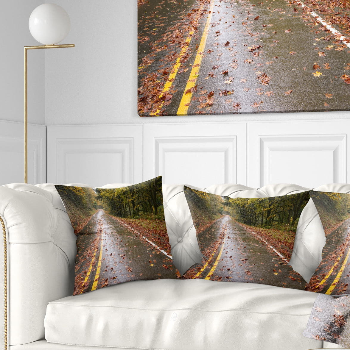 Designart Wet Rainy Road in Forest - Landscape Photo Throw Pillow - 18x18