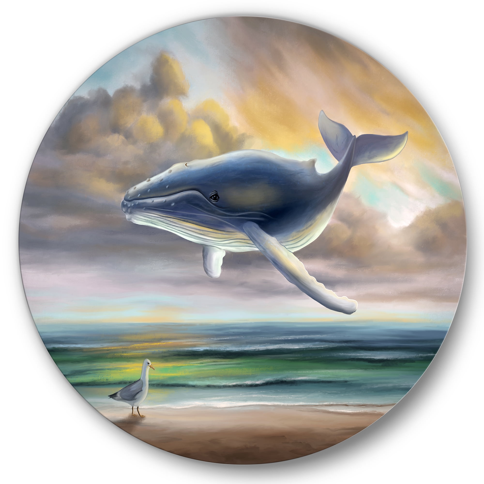 Designart 'Whale Floating In The Sky Over Beach' Children's Art Circle Metal Wall Art 23x23 - Disc of 23