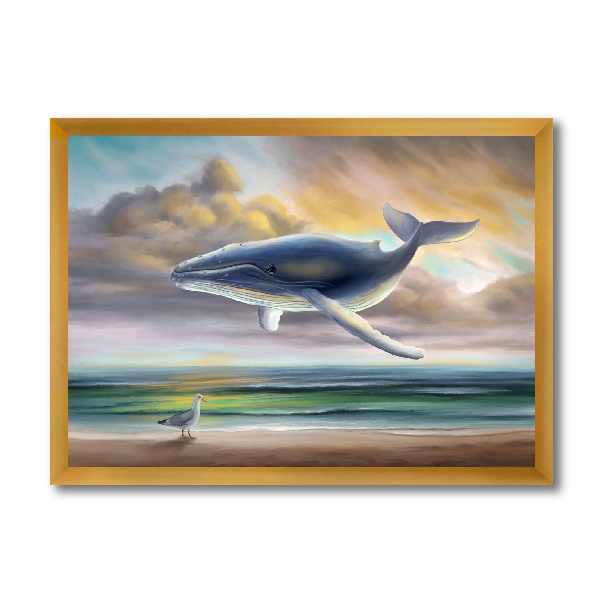 Designart 'Whale Floating In The Sky Over Beach' Children's Art Framed Art Print