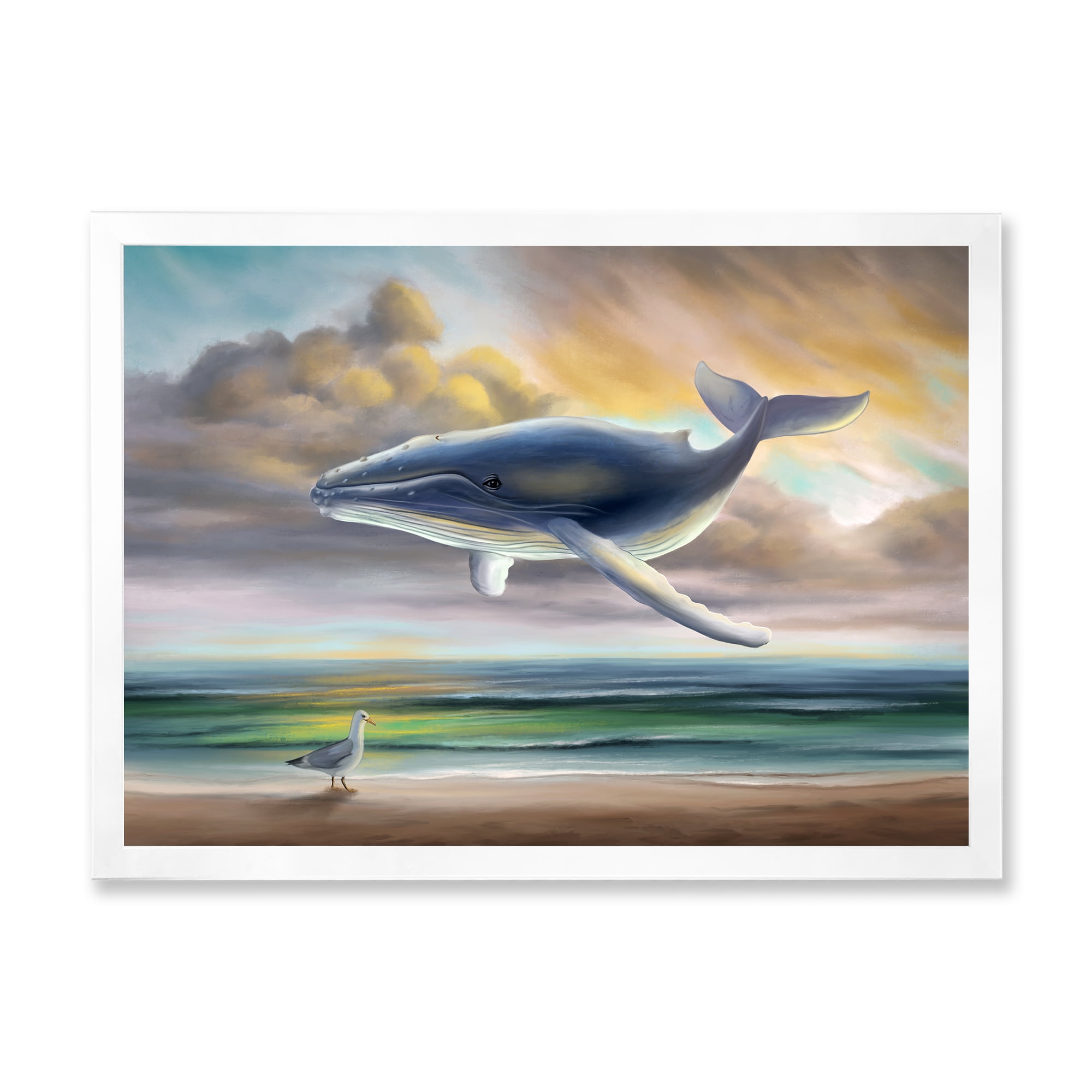 Designart 'Whale Floating In The Sky Over Beach' Children's Art Framed Art Print