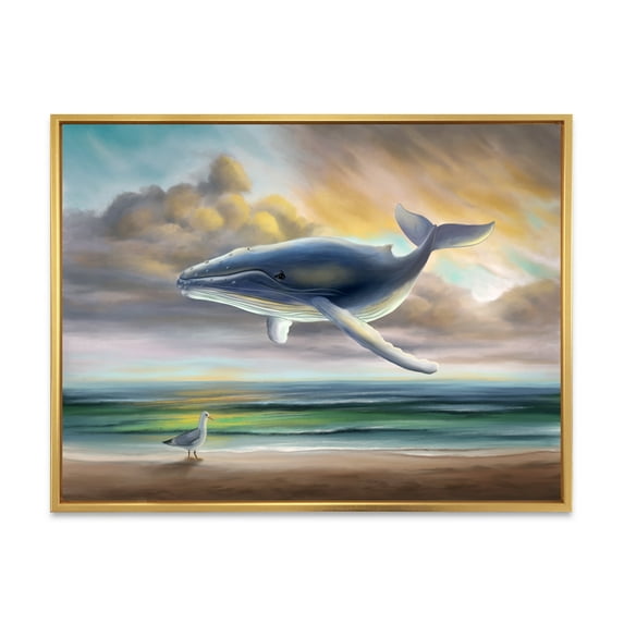 Designart 'Whale Floating In The Sky Over Beach' Children's Art Framed Canvas Wall Art Print