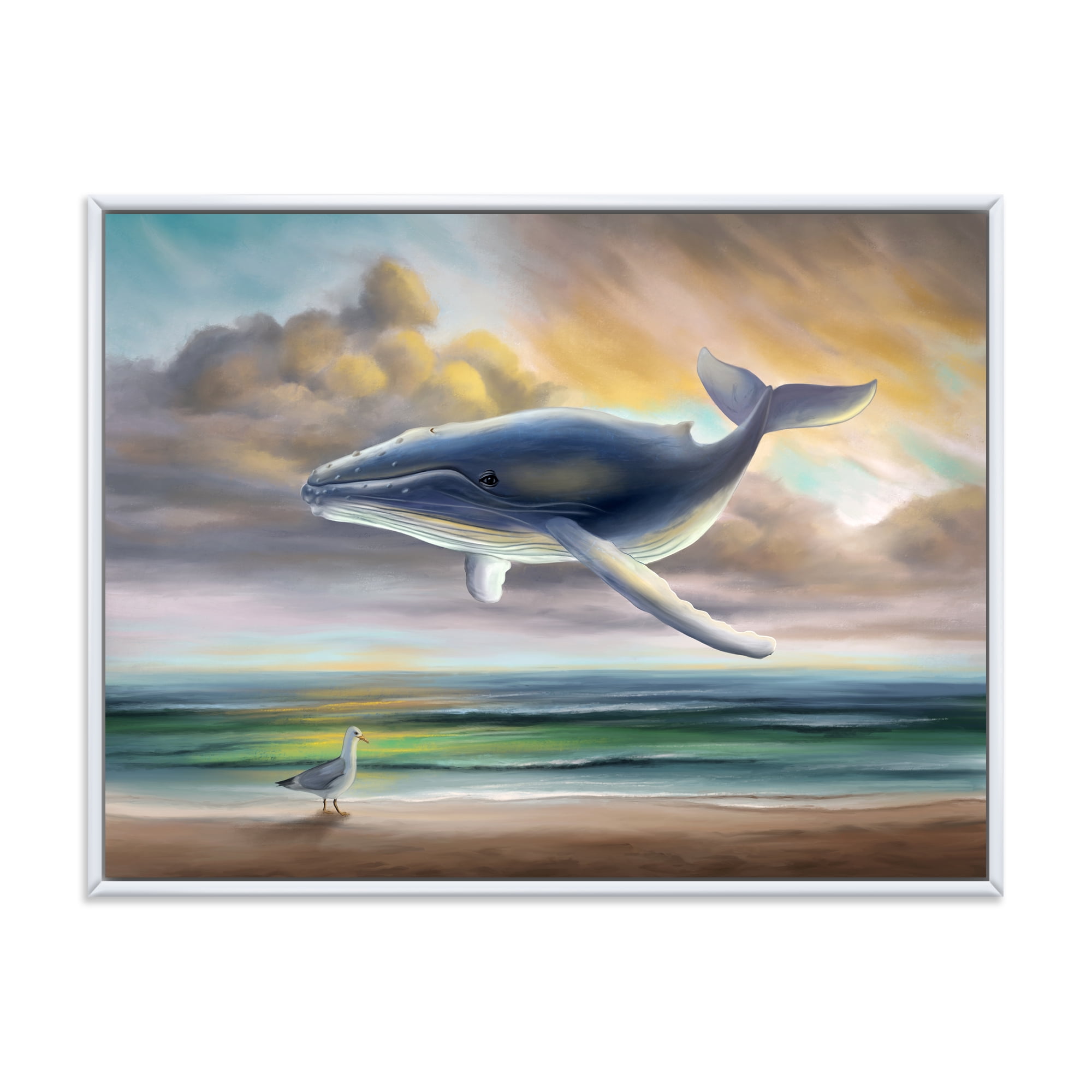 Designart 'Whale Floating In The Sky Over Beach' Children's Art Framed Canvas Wall Art Print