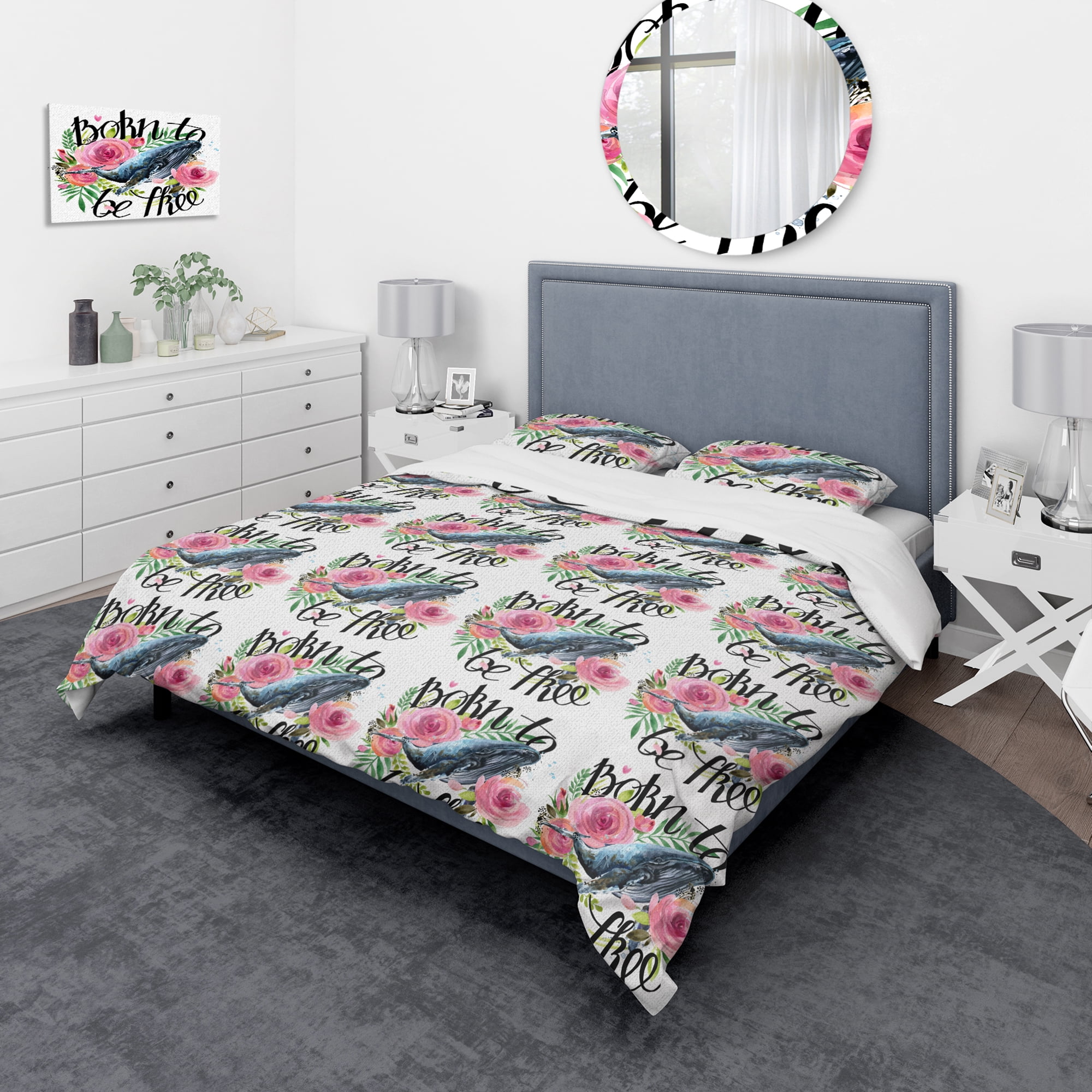 Designart 'Whale and Roses' Traditional Duvet Cover Set