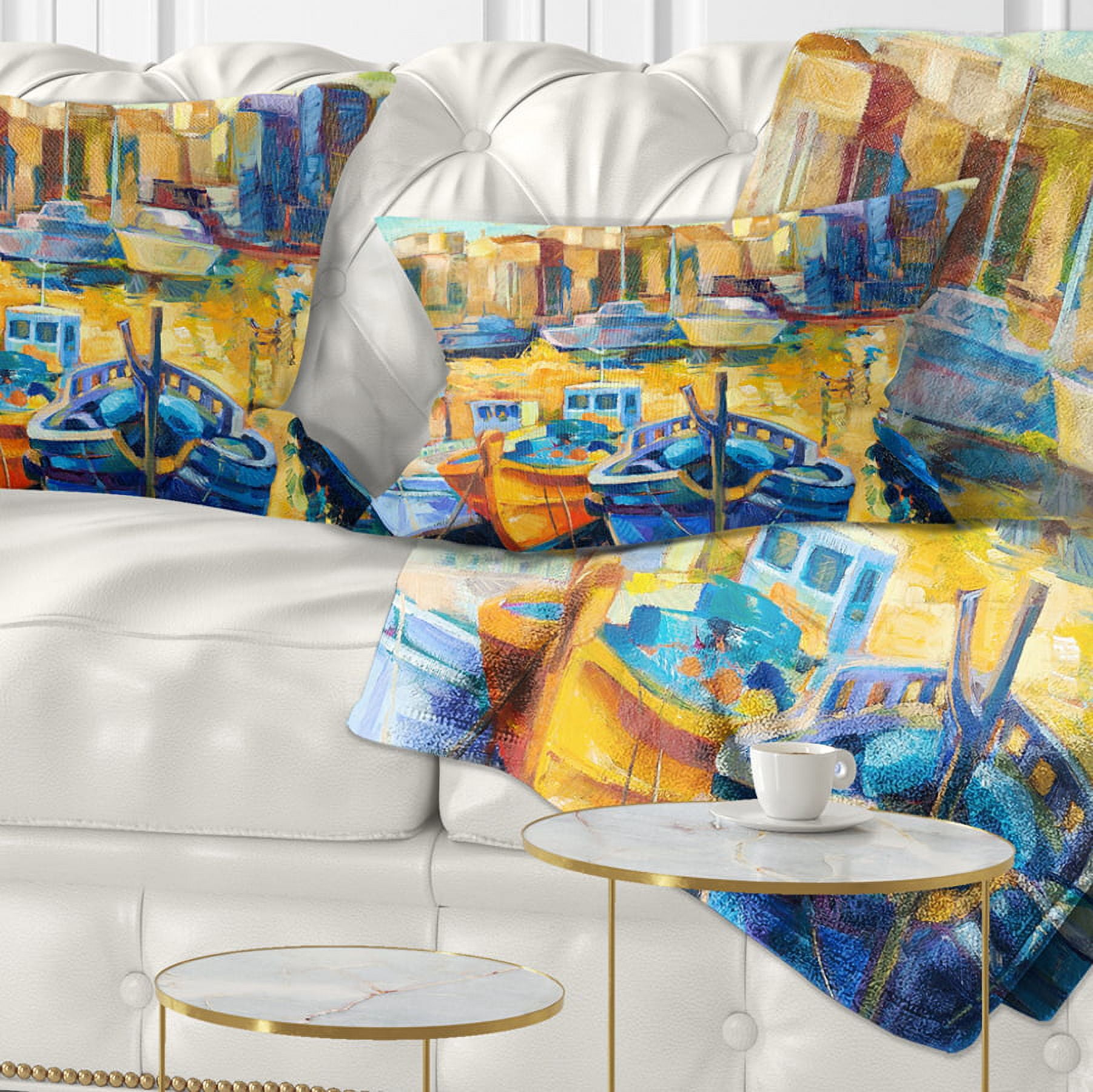 Designart Wharf and Boats - Seascape Throw Pillow - 12x20