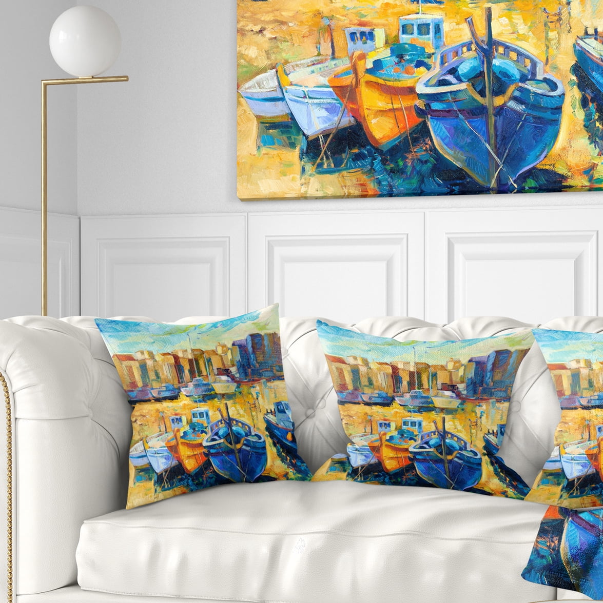 Designart Wharf and Boats - Seascape Throw Pillow - 16x16