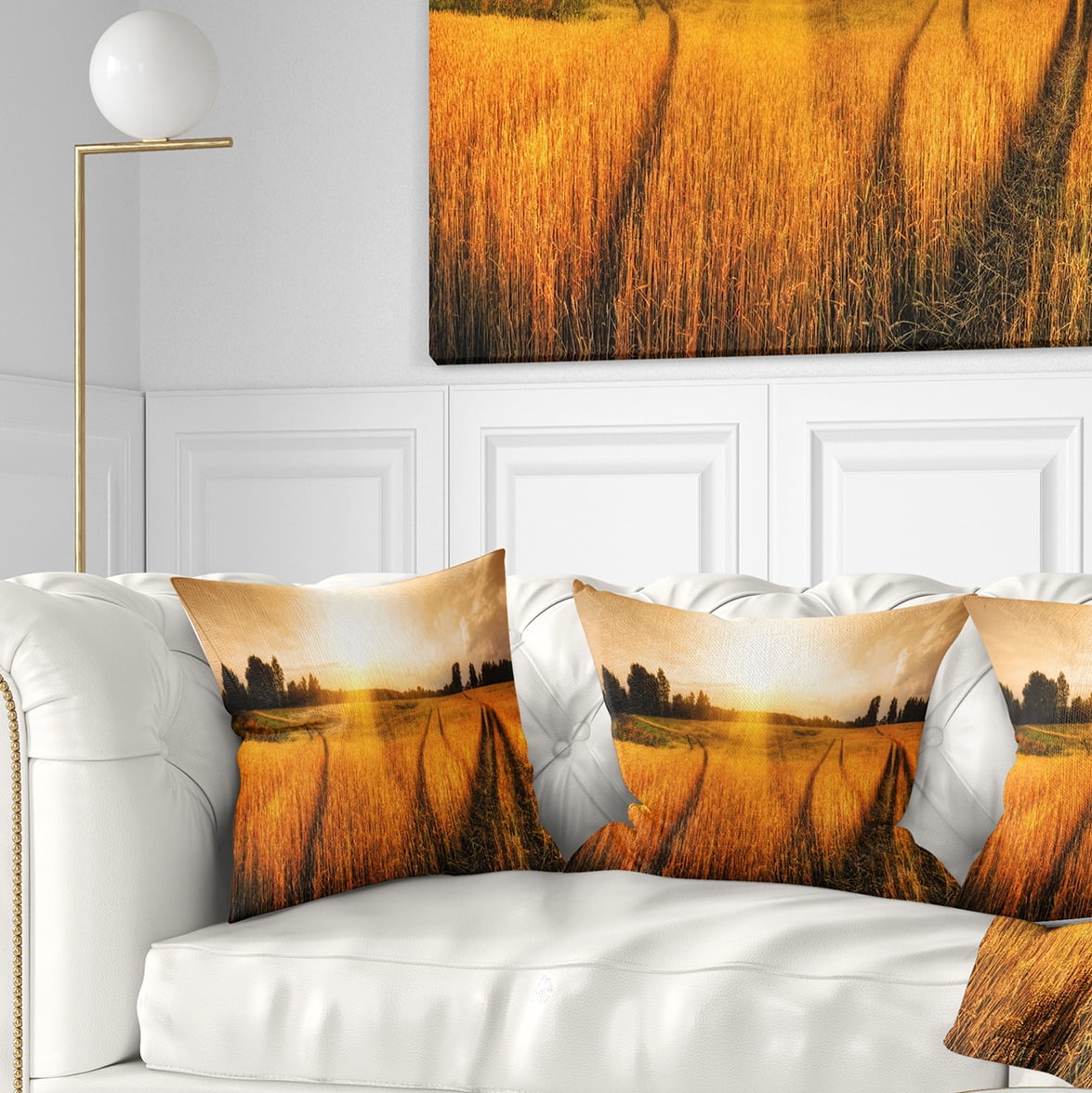 Designart Wheat Field at Sunset Panorama - Photography Throw Pillow - 18x18