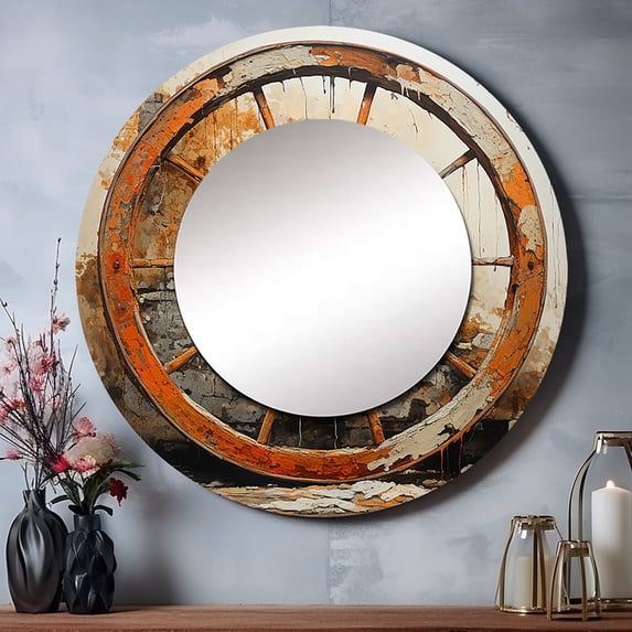 Designart "Wheels of Time The Old Cart in Orange III" Transportation Orange Large Round Mirror - Round Mirror Wall Décor - Modern Round Printed Mirror 36" x 36" Inch