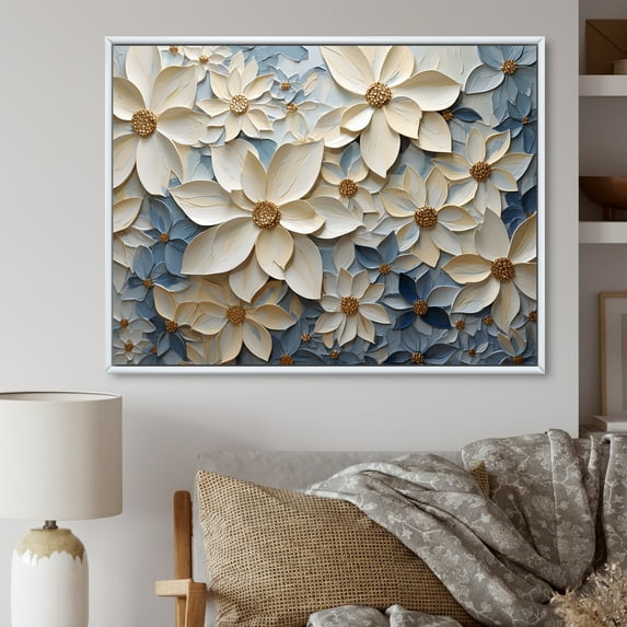 Designart "Whimsical Blooms Of Beige And Blue Paper Poinsettias" Poinsettias Floater Framed Wall Art Prints
