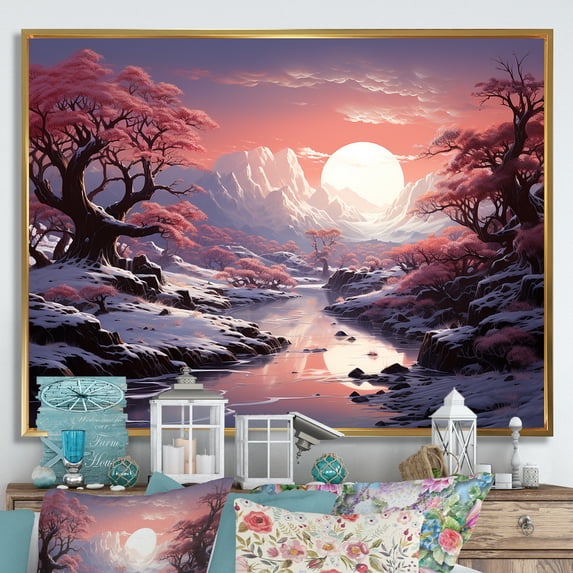 Designart "Whimsical Dawn Winter Scene I" Snow Floater Framed Canvas Prints