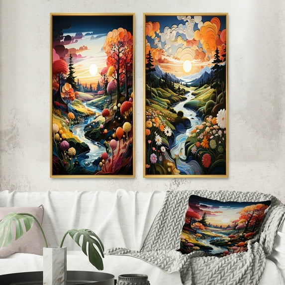 Designart "Whimsical Fairways I" Abstract Landscapes Framed Wall Art Set Of 2 - Coral Landscapes Gallery Wall Frame Set For Home Decor