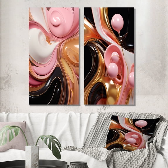 Designart "Whimsical Liquid Pink and Gold Art Glamorous Charm" Abstract Shapes Wall Art Set Of 2 - Transitional Gold Canvas Set For Living Room Decor