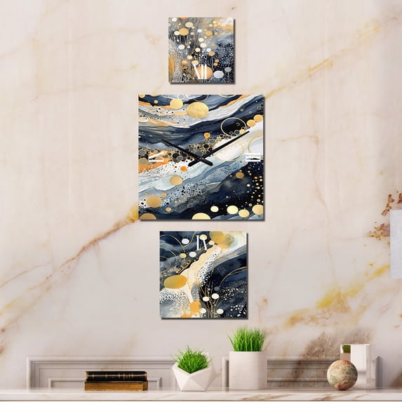 Designart "Whimsical Pastel Abstract With Blue Black & Gold Spots X" Geometric Oversized Wall Clock - Set Of 3 - Multipanel Contemporary Clock For Living Room Décor - Large Vertical Clock