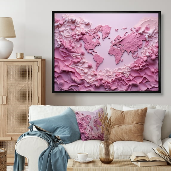 Designart "Whimsical Pink Waters On The World Map" World Map Floater Framed Canvas Prints