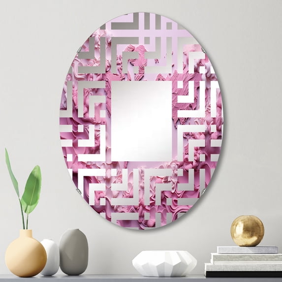 Designart "Whimsical Pink Waters on the World Map" World Map Maze Round Wall Mirror - Map Oval Printed Decorative Mirror - Multiple Color Options