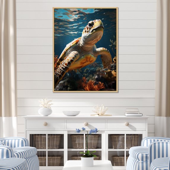 Designart "Whimsical Turtle: Ocean Explorer" Animals Turtle Floater Framed Canvas Art Print