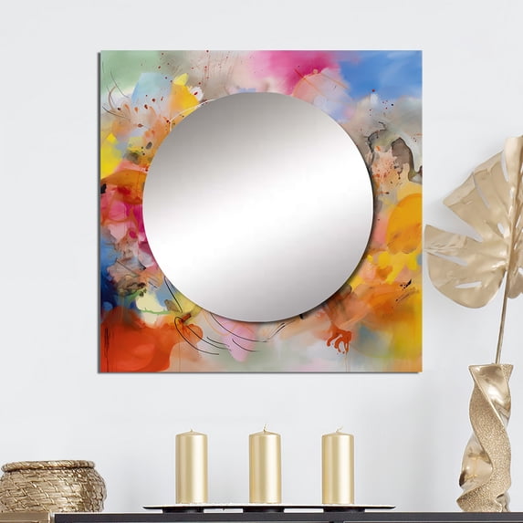 Designart "Whirling Color Dance I" Minimalism Square Mirror For Wall Decor - Large Orange Square Printed Wall Mirror Art - Square Transitional Mirror - Wall Mounted Square Large Mirror