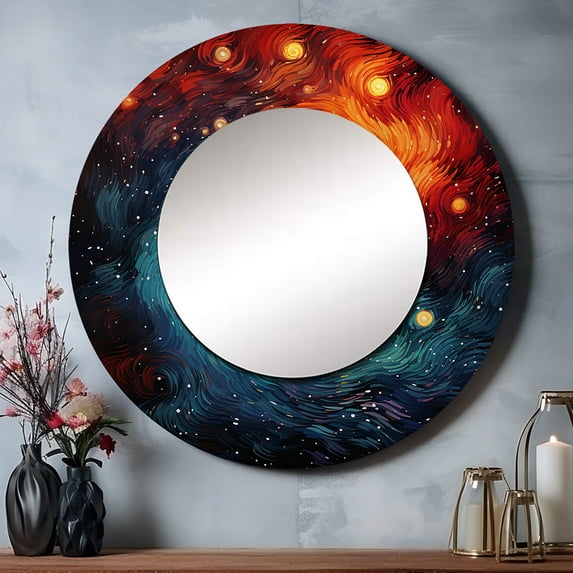 Designart "Whirling Kaleidoscope Colorful Storm I" Storms Rund Mirror For Wall Decor - Large Multi-Color Round Print Mirror - Round Traditional Mirror 29" x 29" Inch - Wall Mounted Round Large Mirror