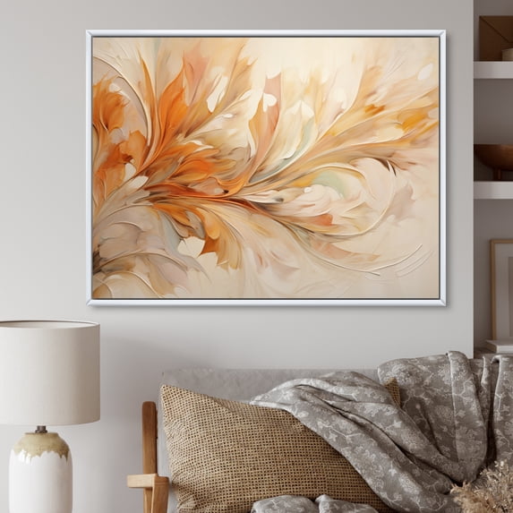 Designart "Whirling Leaves in Beige and Yellow I" Abstract Botanicals Floater Framed Canvas Art Print