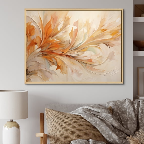 Designart "Whirling Leaves in Beige and Yellow I" Abstract Botanicals Floater Framed Canvas Art Print