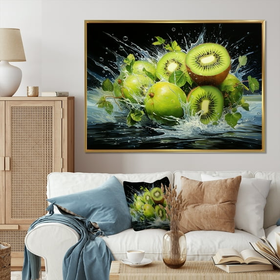 Designart "Whirlwind Dynamic Fruit Kiwi wall decor" Food & Beverage Floater Framed Canvas Art Print