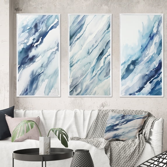 Designart "Whirlwind in Blue and Cream IV" Abstract Shapes Framed Wall Art Set Of 3 - Blue Shapes Frame Gallery Wall Set For Home Decor