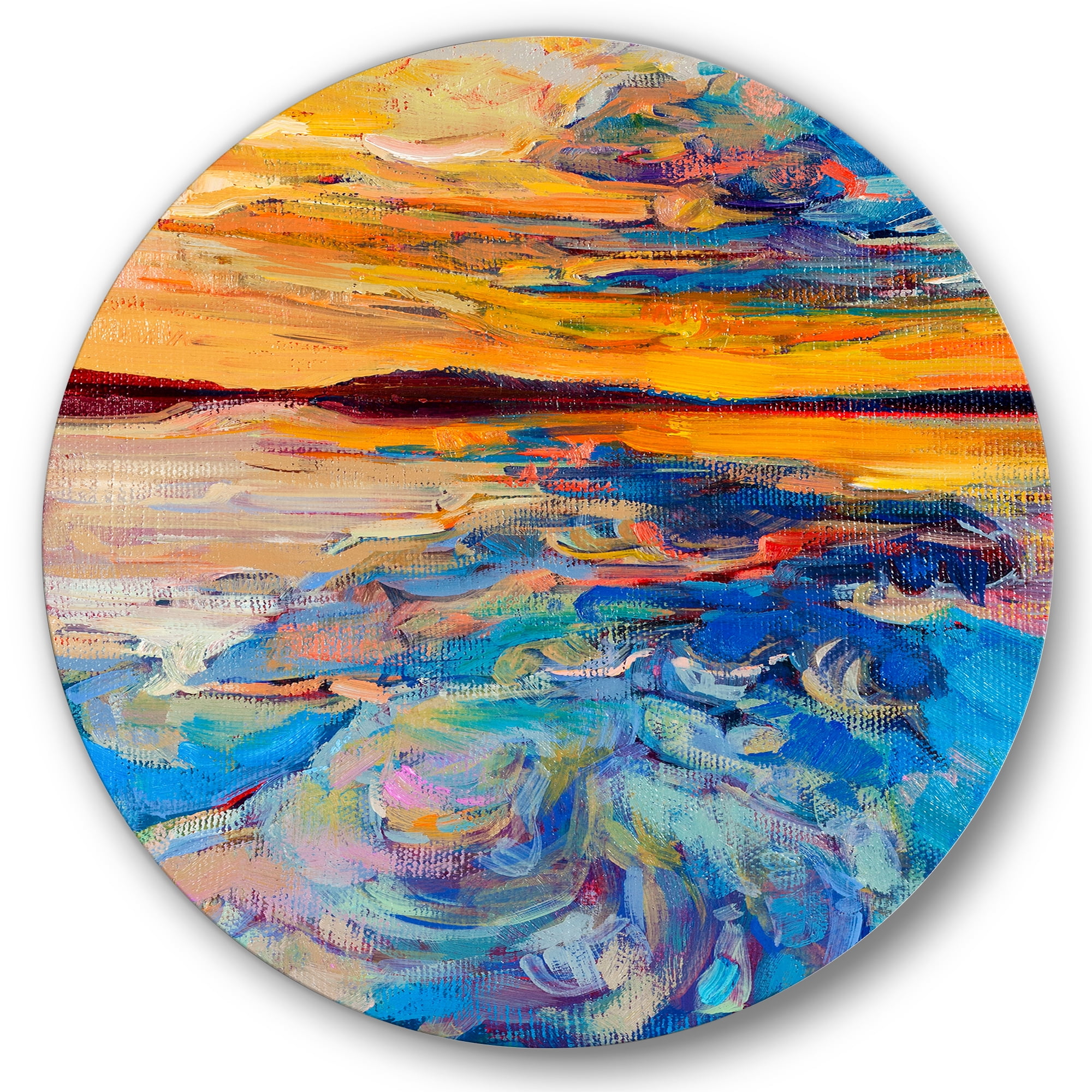 Designart 'Whirly Blue Waves Under Orange Sunset' Nautical & Coastal Circle Metal Wall Art 29x29 - Disc of 29