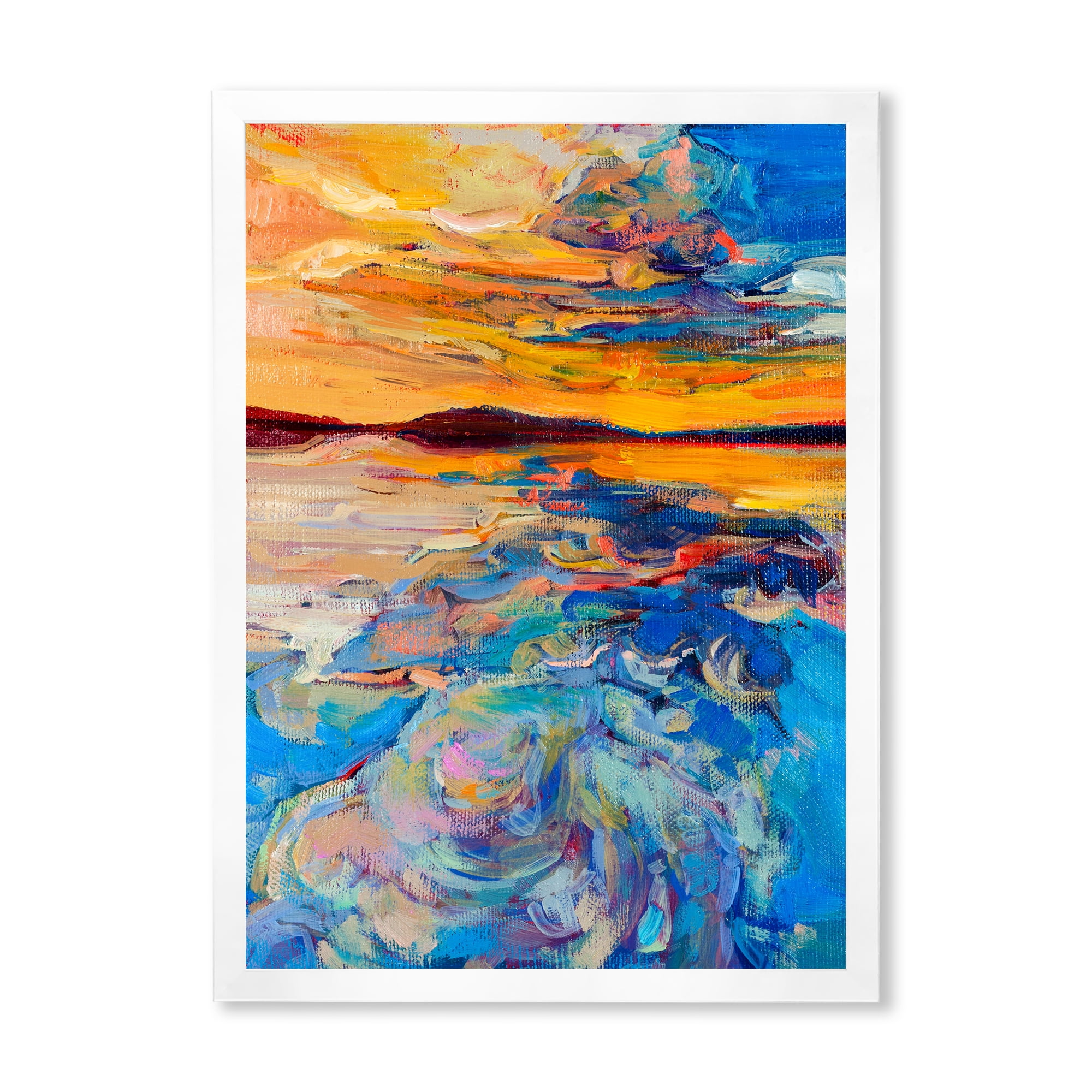 Designart 'Whirly Blue Waves Under Orange Sunset' Nautical & Coastal Framed Art Print