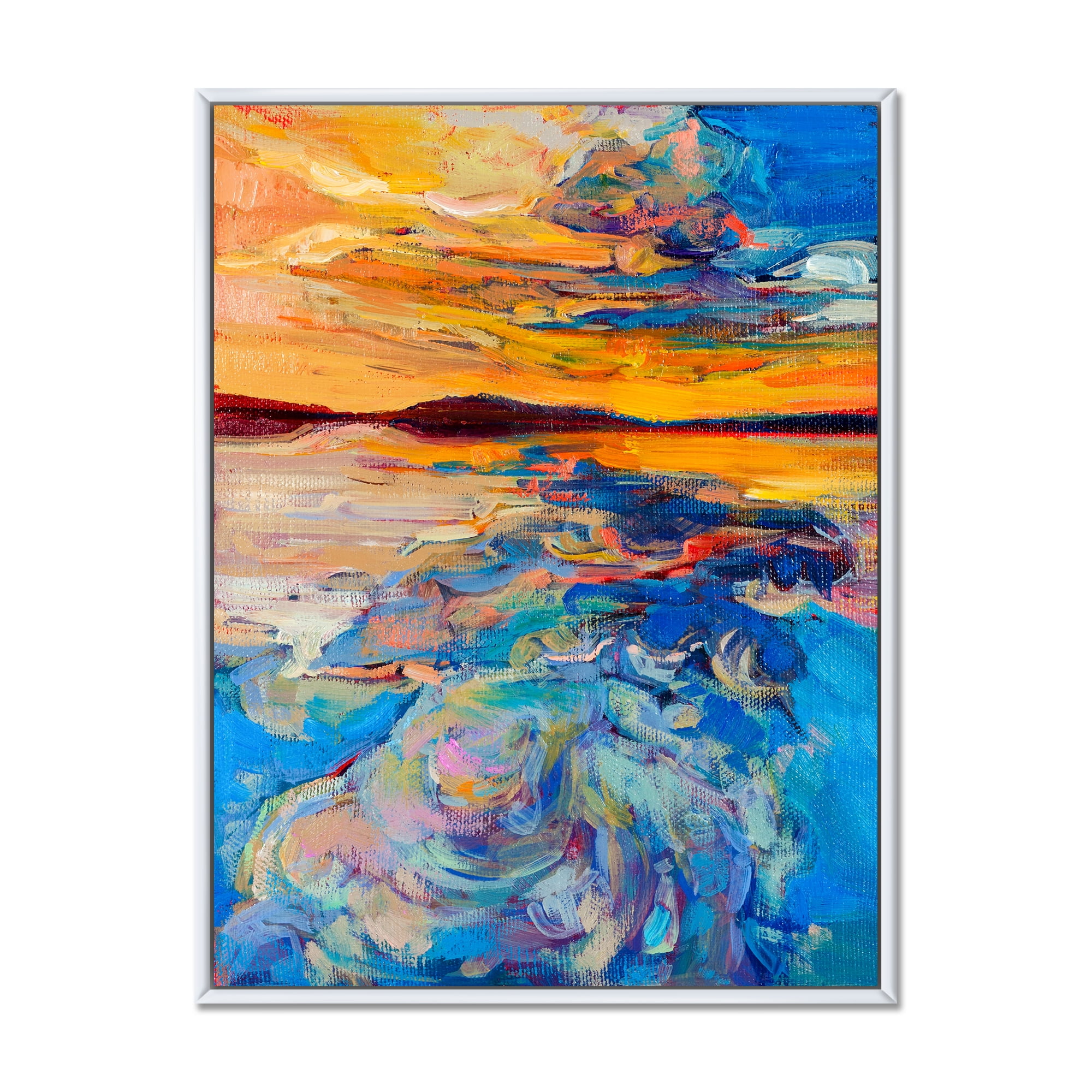 Designart 'Whirly Blue Waves Under Orange Sunset' Nautical & Coastal Framed Canvas Wall Art Print