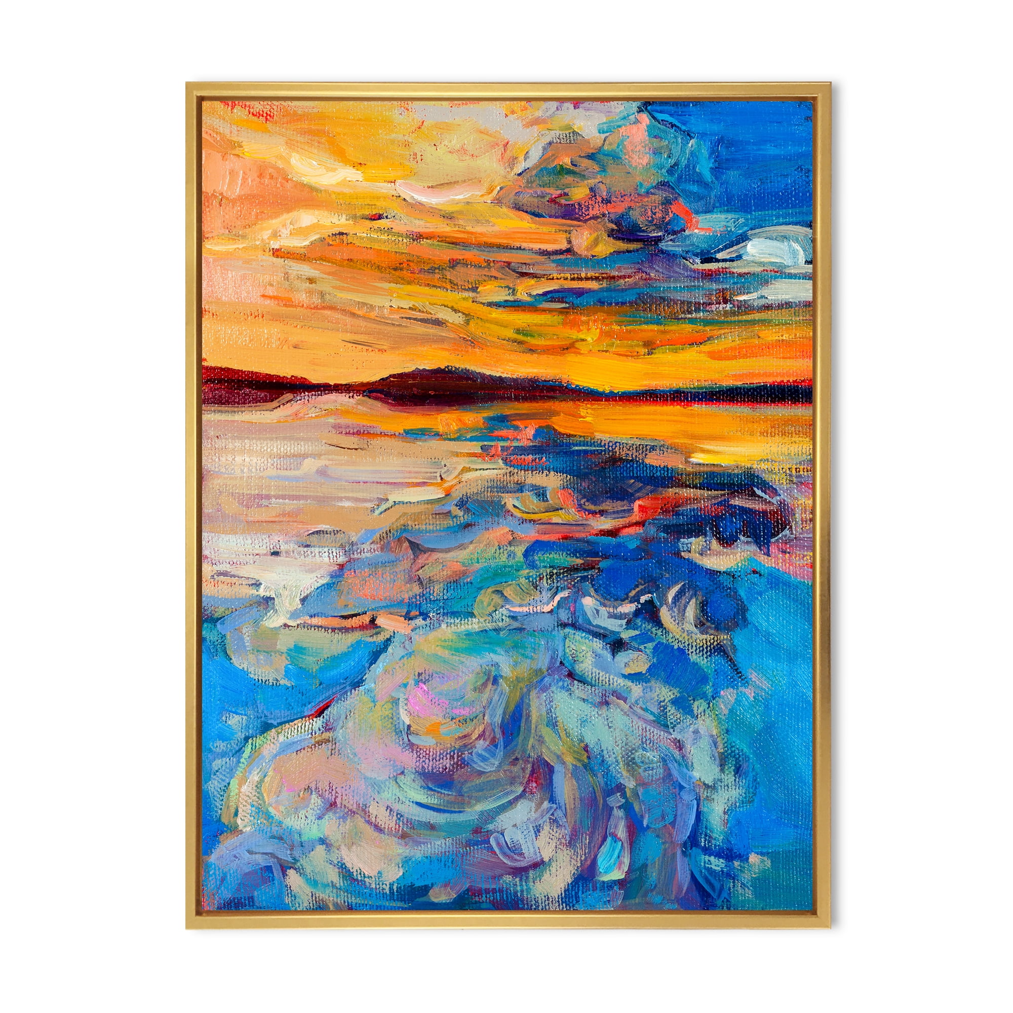 Designart 'Whirly Blue Waves Under Orange Sunset' Nautical & Coastal Framed Canvas Wall Art Print