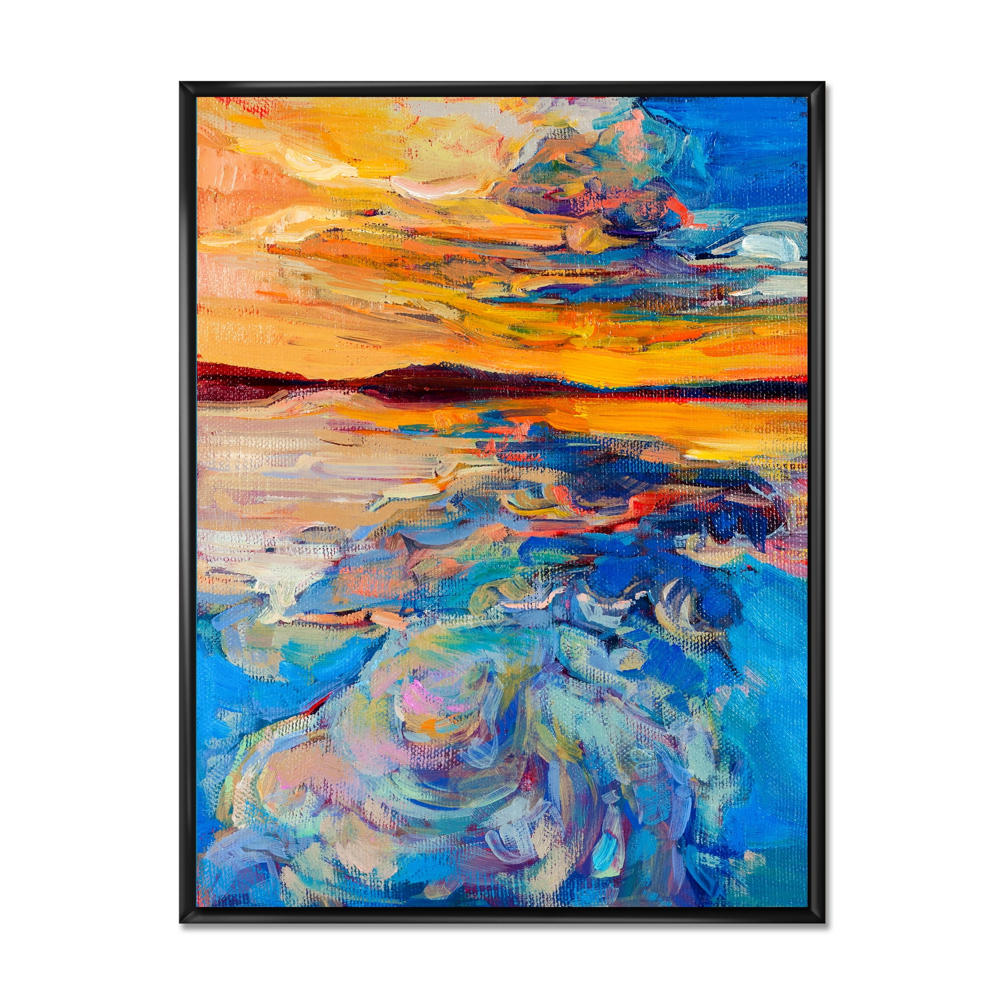 Designart 'Whirly Blue Waves Under Orange Sunset' Nautical & Coastal Framed Canvas Wall Art Print
