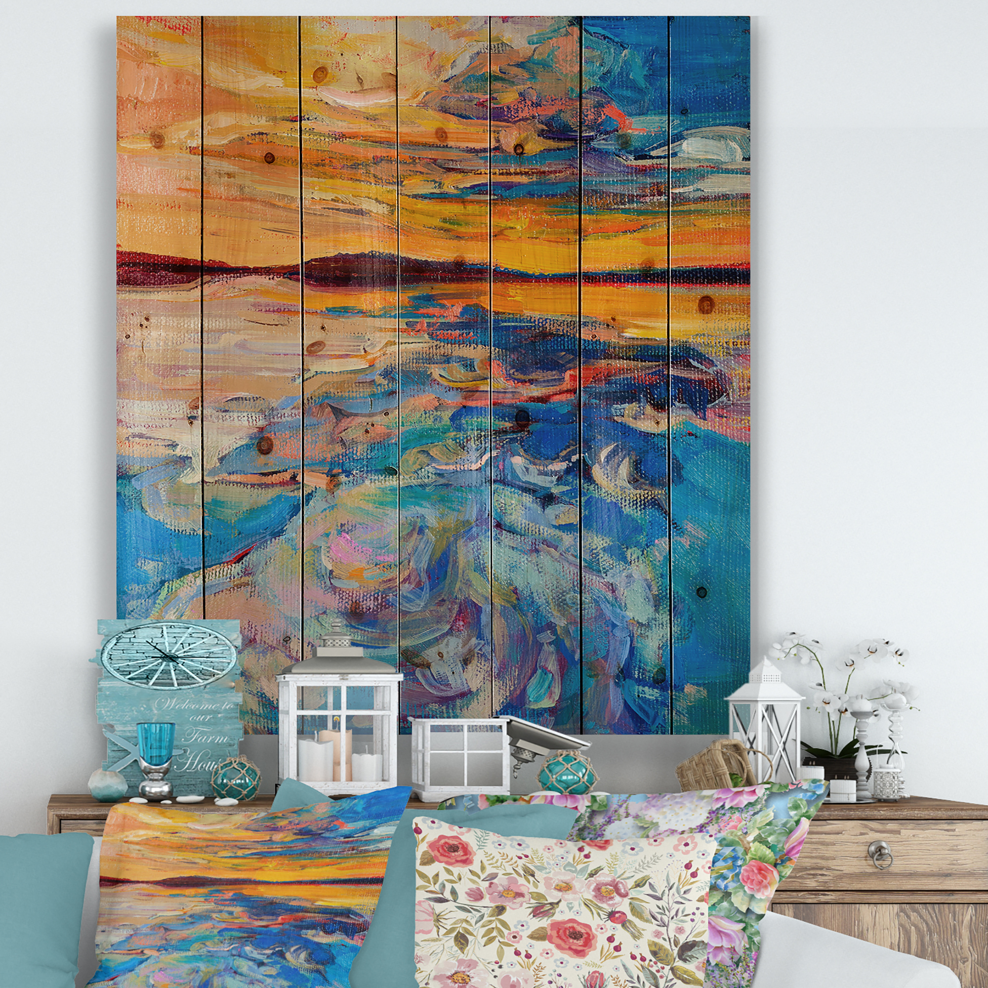 Designart 'Whirly Blue Waves Under Orange Sunset' Nautical & Coastal Print on Natural Pine Wood