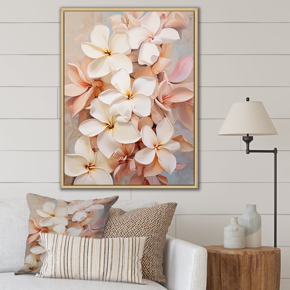 Designart "Whispered Beauty Of Plumeria Blooms II" Plumeria Floater Framed Wall Art Living Room