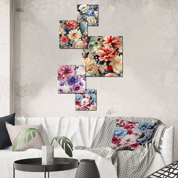 Designart "Whispering Blue Vintage Florals II" Floral Wall Art Set Of 5 - Blue Cottage Wall Living Room Decor Set