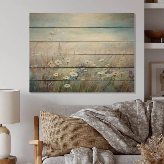 Designart "Whispering Breeze Among White Wildflowers I" Floral Print on Natural Pine Wood